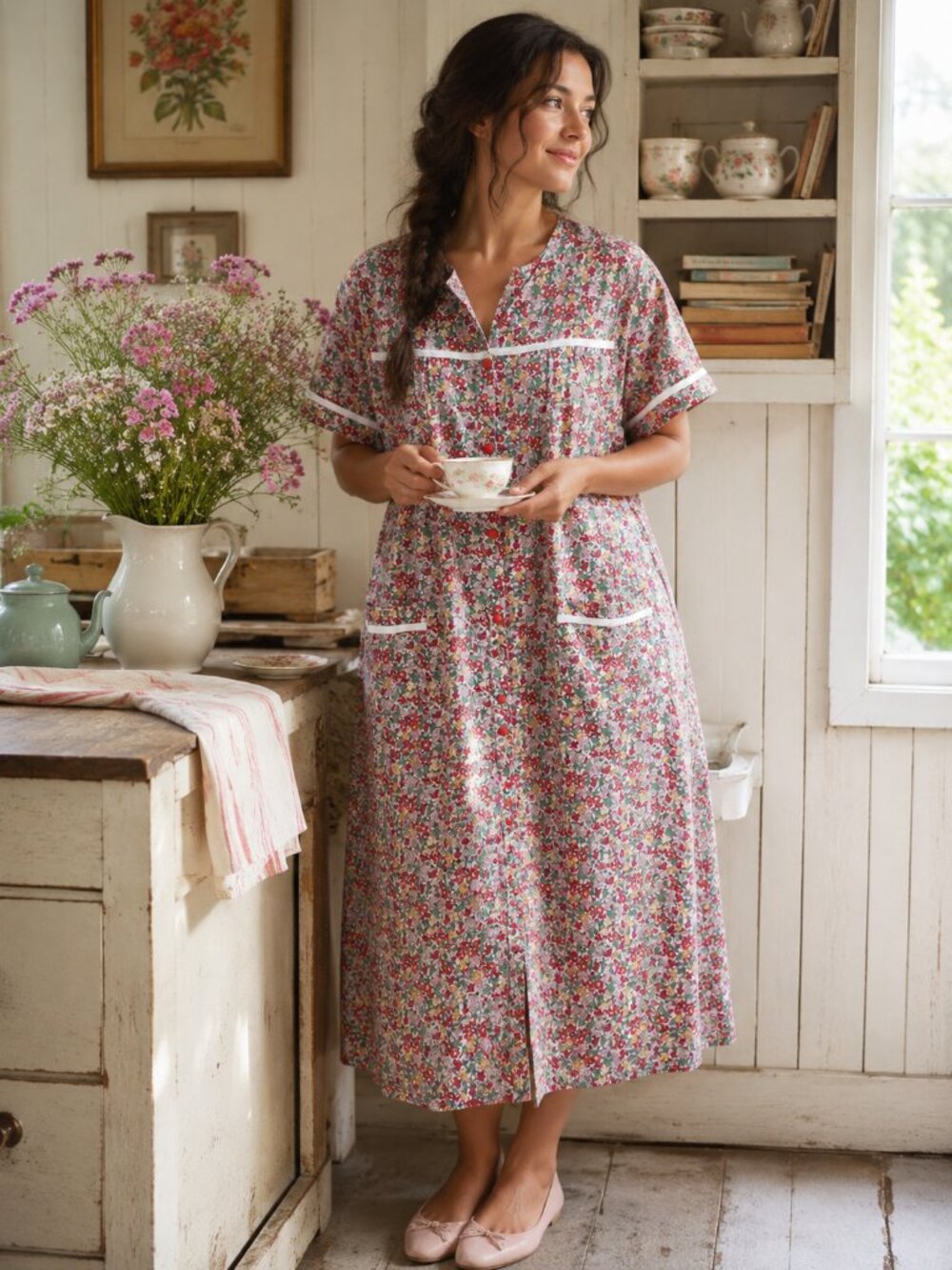 Yozly Floral Snap Front House Dress Duster Robe Cottagecore NWT L